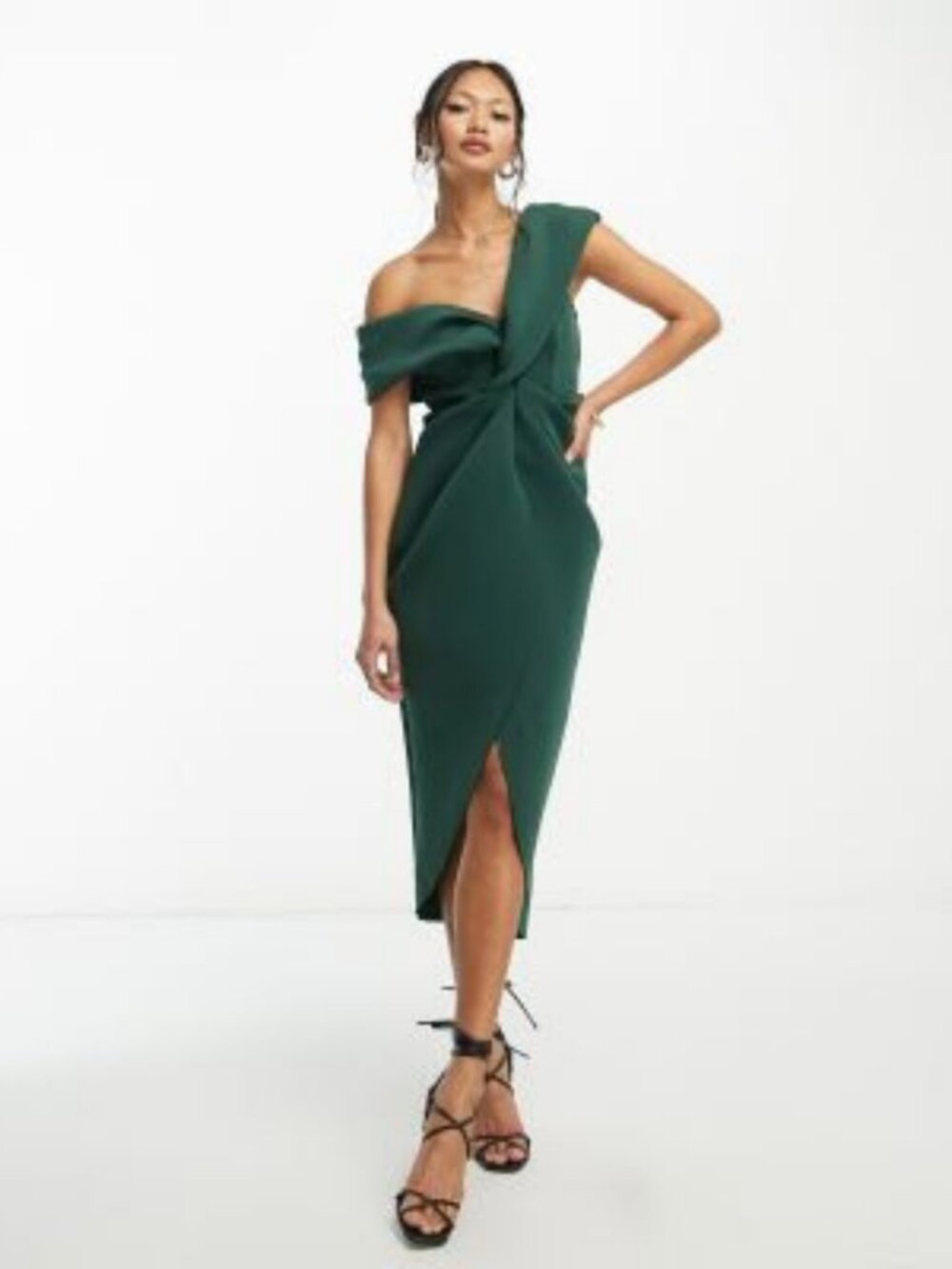 ASOS Off the Shoulder Twist Front Tulip Hem Midi Dress Dark Forest Green Size 8